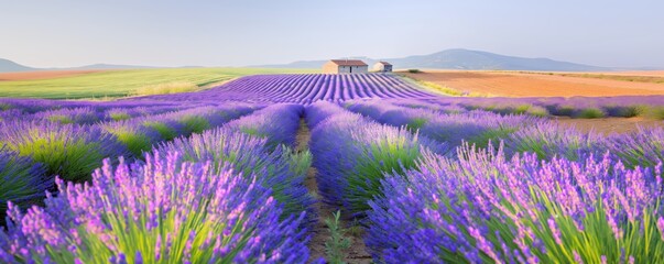 Obraz premium Lavender fields in full bloom with a rustic farmhouse in the distance, nature travel, aromatic landscapes