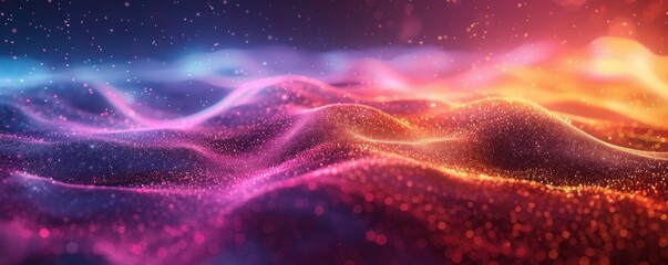 Fototapeta premium Digital noise landscape with blue, purple, indigo, and khaki colorful waves, and glowing particles, For Media design: tech, AI, data, audio, graphics, tech processes, Education, Presentation, Sound,