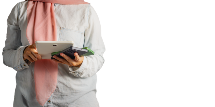 Busy muslim woman with casual attire holding many smartphone, concept of entrepreneurship and business, mock up with a copy space, isolated on white background 