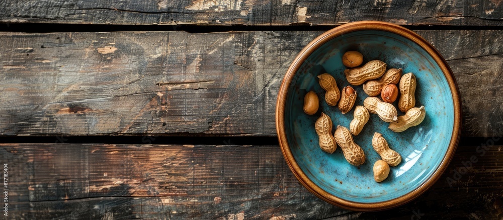 Poster top down view of a ceramic plate with a pile of unpeeled peanuts on a wooden surface with a large co