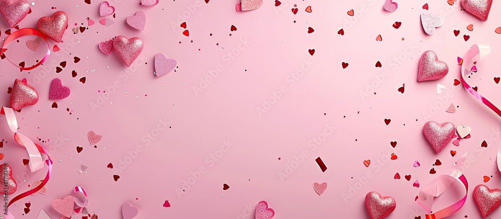Poster valentine s day themed pink background with confetti hearts top view and copy space image