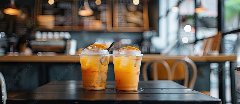 Poster two refreshing iced yuzu orange coffee specials beautifully presented on a black table in a cafe set