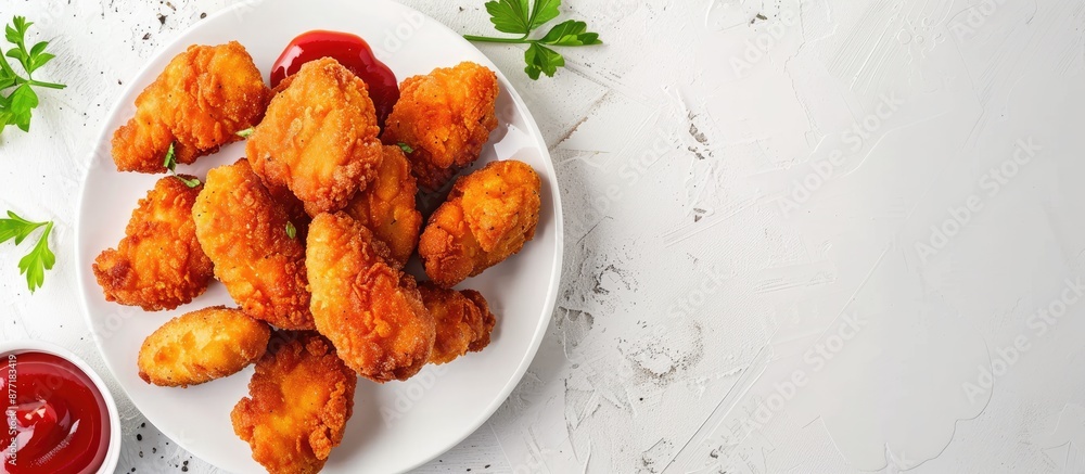 Poster Top down image of chicken nuggets with ketchup on a white table including copy space
