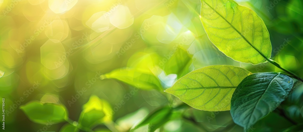 Leinwandbilder Sunlit green leaf in nature with blurred background and copy space image for text