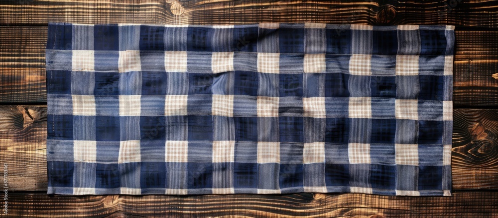 Aufkleber Top view of a wooden table covered with a checkered tablecloth providing space for text in the image. with copy space image. Place for adding text or design