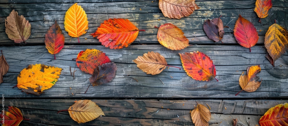 Poster autumn leaves displayed on a wooden surface with copy space image