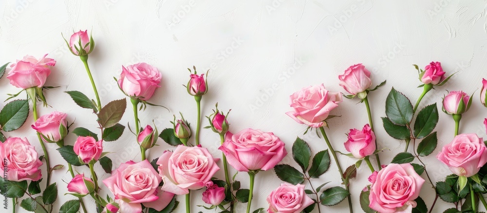 Poster top view flat lay of a festive pink english rose arrangement on a white surface for celebratory occa