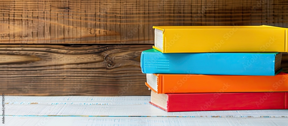 Poster education and back to school theme featuring a stack of vibrant hardcover books arranged on a white 