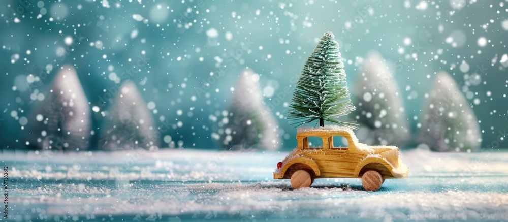 Poster A wooden toy car with a Christmas tree atop it is set against a blue background with falling snow creating a festive Christmas themed image with available copy space