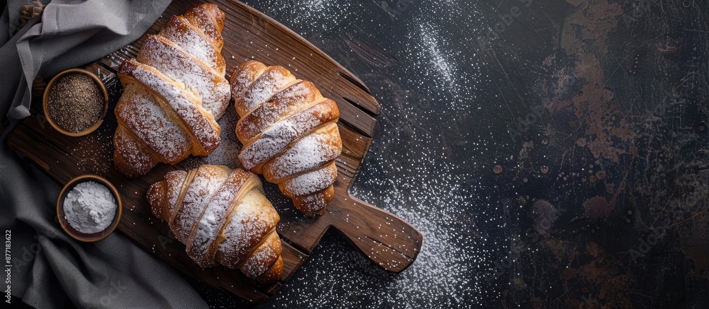Poster top view of fresh homemade croissants on a wooden cutting board with powdered sugar against a rustic