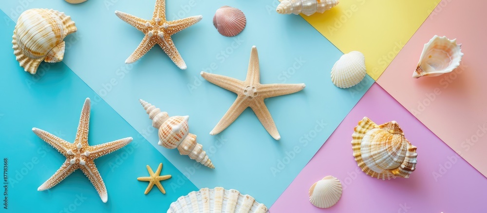 Poster top view of a summer themed flat lay composition featuring lovely starfish and seashells on a colorf
