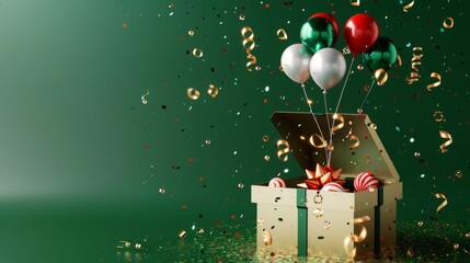 3d rendering of open gift box with balloon and confetti on green background, birthday or christmas party concept, isolated banner template for sale promotion, lifestyle advertising with copy space