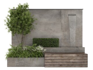 Photorealistic 3d rendering of exterior decor. Wall, plants, waterfall fountain, bench