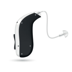 Hearing aid listen loud medical assistance black and white acoustic device realistic vector