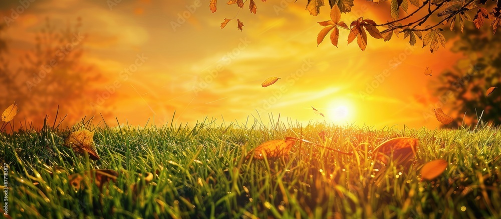 Aufkleber An autumn themed image featuring a golden yellow and orange sky lush green grass and space available for seasonal messages. with copy space image. Place for adding text or design