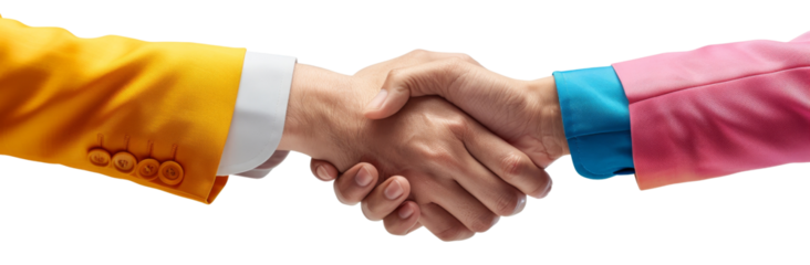The Power of Partnership: Three Business Executives Shake Hands in Vibrant Hyper-Realistic Detail cut out dicut PNG on transparent