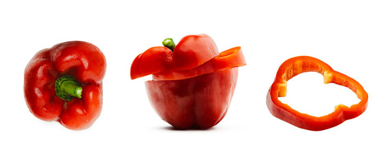 red bell pepper or paprika cut in to slice, isolated on white background, studio shot with shadow