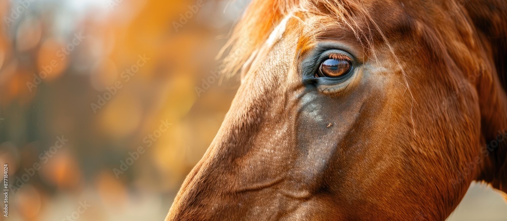 Poster closeup portrait of a lovely brown horse with a focus on a detailed shot includes copy space image