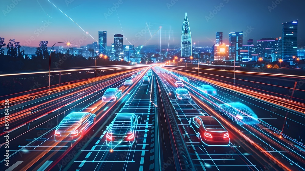 Poster futuristic quantum computing powering autonomous vehicles and smart digital road networks