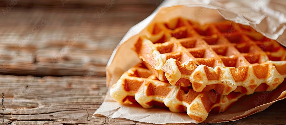 Poster Close up of a small waffle in a white paper bag with copy space image