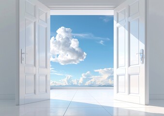 Open White Doors Leading to a Bright Blue Sky with Fluffy Clouds