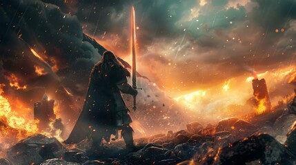 vikings raise sword, battle, fire, thunder, titans in the sky