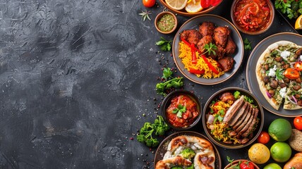 Diverse array of colorful, appetizing dishes on dark textured surface