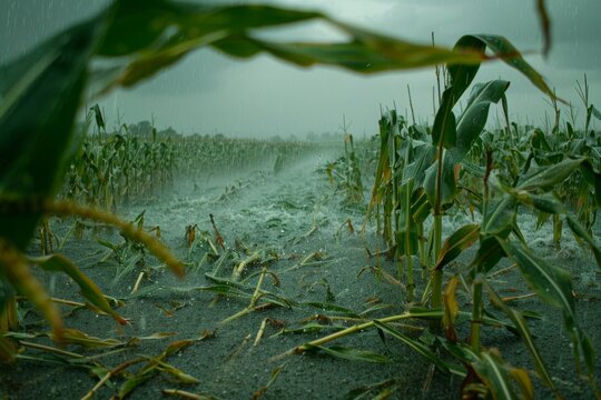 This image depicts a cornfield being ravaged by heavy rain and strong winds, showcasing the power of stormy weather and its impact on agriculture and crop production