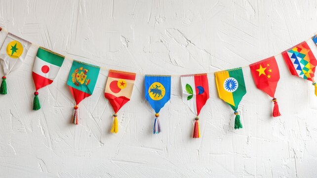 Colorful international flags hanging on white wall