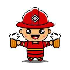 vector design illustration of a firefighter mascot, a firefighter character with a beer drink