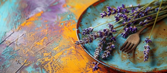 Closeup shot of cutlery plate and dried lavender flowers on a colorful textured table with copy space image available