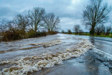 A scenic rural road inundated with floodwaters beneath a stormy sky, depicting the overwhelming power of nature and its impact on human infrastructure