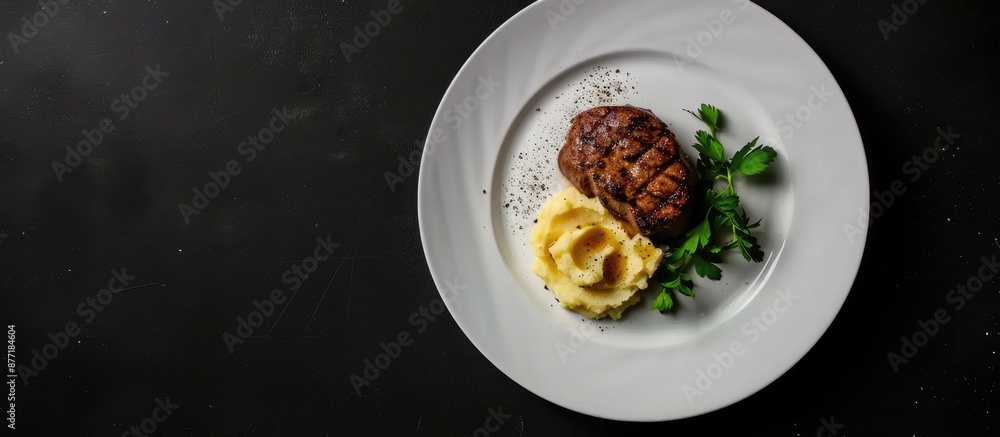 Aufkleber escalope and mashed potatoes on a white plate set against a black background creating a striking cop