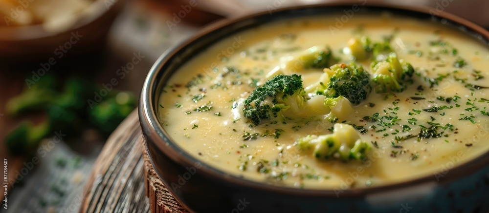 Poster creamy soup made with broccoli and cheese against a blurred background ideal for text or graphic ove