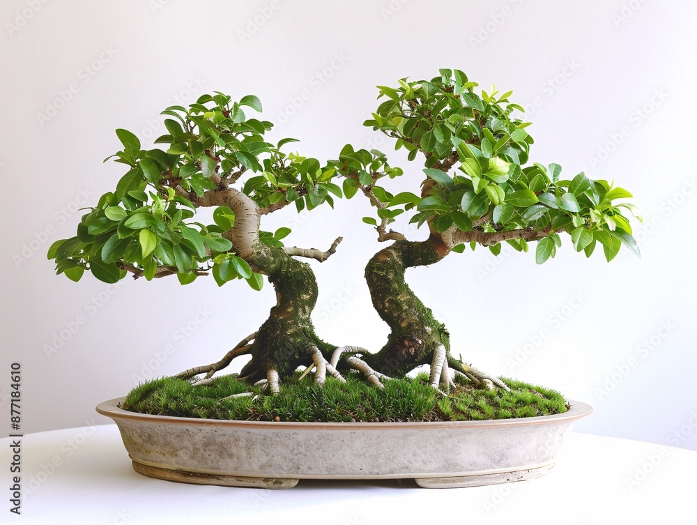 Poster a centered bonsai tree with a twin-trunk shape, displayed on a white background, showcasing its dual