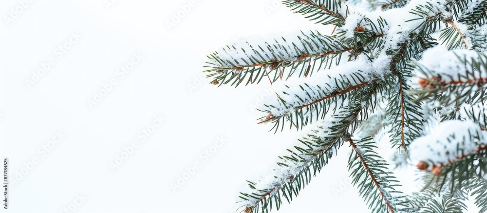 Poster snow covered pine tree branches against a white backdrop with ample copy space image
