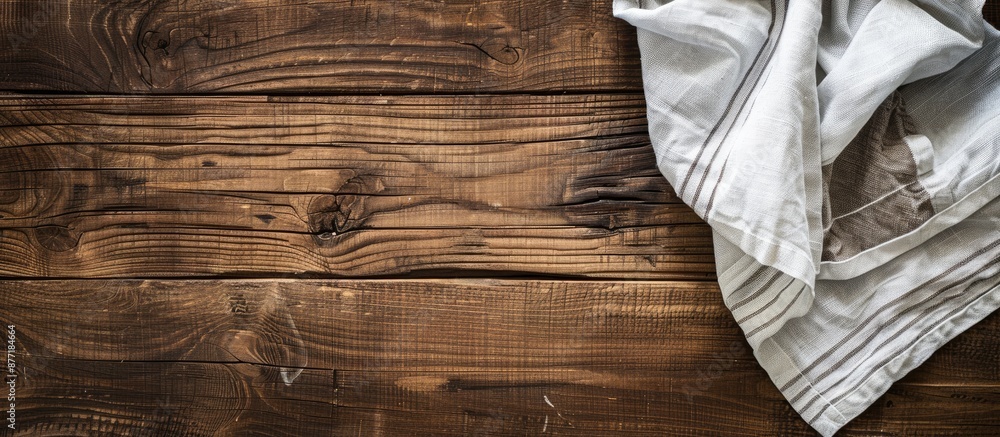Poster top view mockup of an empty wooden table with a napkin as a tablecloth perfect for copy space image