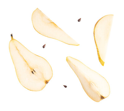 set of pear slices and seeds isolated on the white background