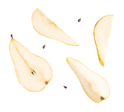 set of pear slices and seeds isolated on the white background