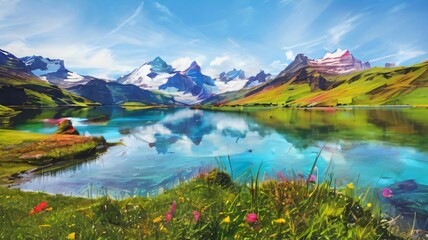 Naklejka premium Fantasy epic magic mountain landscape, Mystical spring valley, Panoramic view of big mountains and lake, Mountains landscape, Rural nature background, hills horizon for multimedia content creation