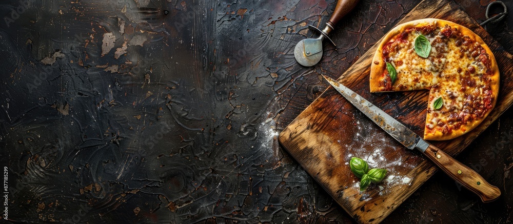 Fototapete dark rustic background with a pizza knife on a pizza cutting board featuring copy space image