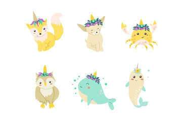 Childrens animals bundle set. Collection of fairy cartoon characters with horns of unicorns. Childish magic animals.