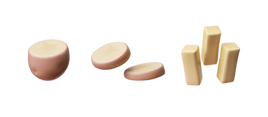 Cut potato 3D vector icons set, farm raw vegetable round piece, sliced and sticks ingredient, organic tuber food cooking