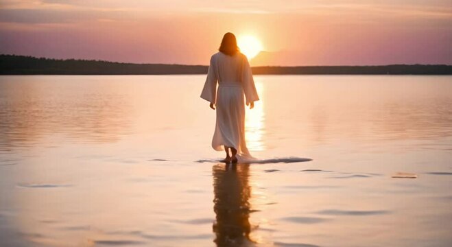 jesus christ walking on water into the sunset