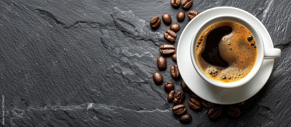 Poster top view of a white cup with hot coffee on a stone table board background featuring a copy space ima