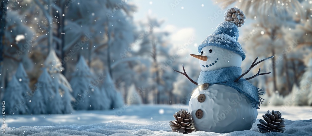 Aufkleber a charming snowman wearing blue winter attire stands in a forest park crafted with pine cones as eye