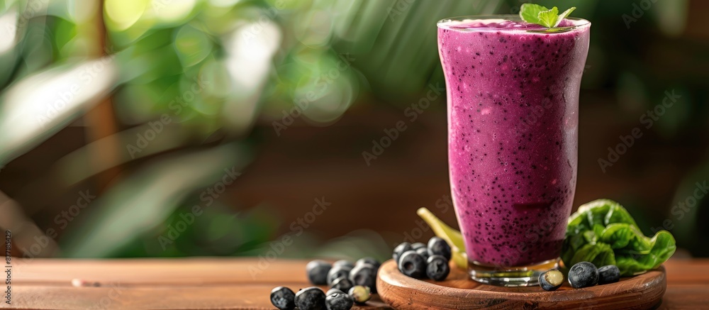 Poster a glass of tasty acai smoothie displayed on a table with ample copy space image