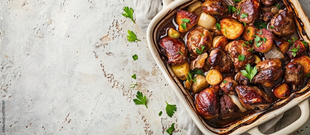 Fototapete A dish of cooked chicken livers and vegetables in a baking dish on a light stone surface with text space captured from above. with copy space image. Place for adding text or design
