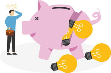 No new idea or inspiration. Businessman look at collapsing piggy bank with light bulbs. Flat vector illustration

