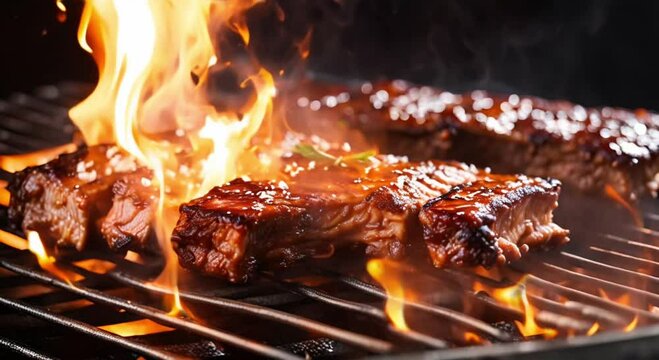 bbq ribs on the grill with flames